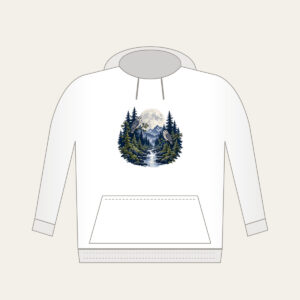 Moonlit Pine Forest with Owls Hoodie in white: A moonlit forest of pines and owls in navy, silver and moss beneath a large pale moon.