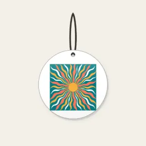 Sunrise Lines in Coral and Gold on Teal Ceramic Ornament in white: All-over sunrise lines in coral, gold and white on a teal ground.