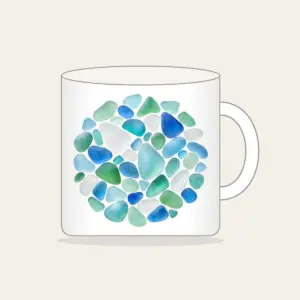 Sea-Glass Pebbles in Blues and Greens Mug in white: Rounded sea-glass pebbles in pale blues, greens and frosted white.