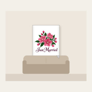Cherry Blossoms and Just Married Wording Fleece Blanket in white: A cluster of cherry blossoms in deep rose pink and dark green, with the words “Just Married” in dark plum below.