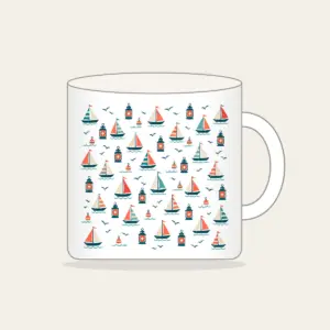 Tiny Sailboats and Harbour Lanterns Mug in white: Tiny sailboats and harbour lanterns repeat in teal, coral and cream.