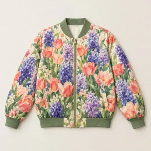 Gallery Garden Casual Bomber with all-over painterly flower beds of tulips and hyacinths in coral, violet and green on soft cream