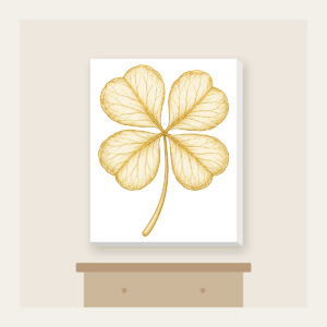 Four-Leaf Clover Botanical Plate Canvas Print in white: A four-leaf clover with its roots, drawn in cream and gold line art in the style of a botanical plate.
