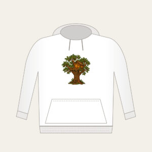 Oak Treehouse with Glowing Lantern Hoodie in white: A treehouse in an oak tree with a glowing lantern in brown, green and amber.