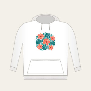 Coral Hibiscus and Monstera Leaves Hoodie in white: Coral hibiscus flowers and teal monstera leaves repeat across a cream ground.