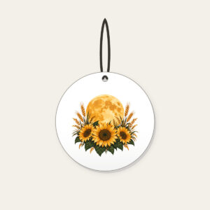 Harvest Moon over Sunflower Fields Ceramic Ornament in white: A large harvest moon rises over sunflower and wheat silhouettes in amber, deep green and cream.