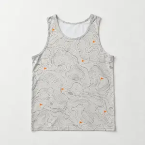 Trail Marker Tank Top with all-over topographic lines in grey with small orange trail marker flags