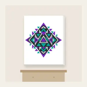 Violet and Teal Triangle Pattern Canvas Print in white: A bold geometric pattern of triangles in violet, teal and silver on charcoal.