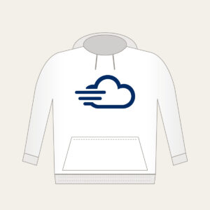 Speed Cloud Hoodie in white: A stylised cloud with three speed lines in navy and white.
