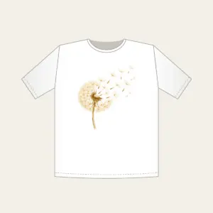 Dandelion Seeds Drifting Away T-Shirt in white: A dandelion seed head with its seeds drifting away in cream and pale gold.