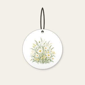 Meadow Grass and Daisy Field Ceramic Ornament in white: A flat meadow of swaying grasses and small daisies in sage, cream and butter yellow.