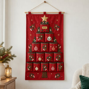 Red tree-shaped hanging pocket organizer with mistletoe motifs