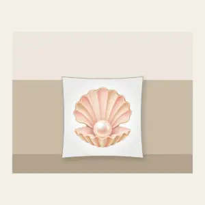 Scallop Shell Holding a Pearl Pillow in white: A scallop shell holds a single pearl in blush and sand tones.