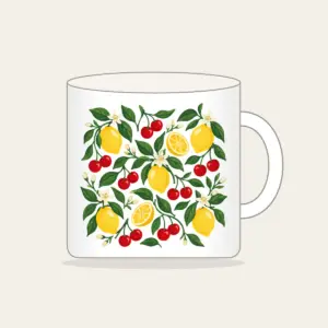 Cherry and Lemon Orchard Pattern Mug in white: Cherries, lemons and leaves in red, yellow and green scattered across a cream field.