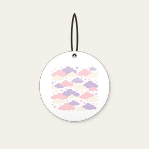 Lilac Cloud Rows Ceramic Ornament in white: Rows of clouds in lilac, blush and cream with small stars between.