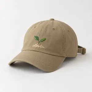 Sprout Embroidered Cap with embroidered seedling with two leaves in green and a small cream soil mound