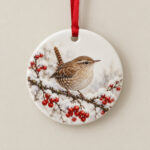 Glossy Winter Wren Ceramic Ornament with artwork of a wren on a snowy branch with red berries in brown, red and white, Circle fixed shape, 1-side printed