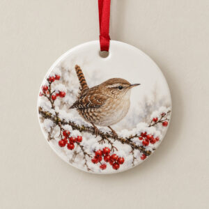 Glossy Winter Wren Ceramic Ornament with artwork of a wren on a snowy branch with red berries in brown, red and white, Circle fixed shape, 1-side printed