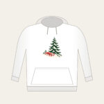 Red Sled on a Snowy Hill Hoodie in white: A small red sled on a snowy hill beside a tall pine in cream, red and green.