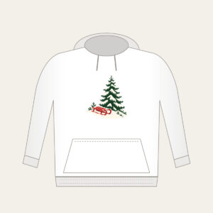Red Sled on a Snowy Hill Hoodie in white: A small red sled on a snowy hill beside a tall pine in cream, red and green.
