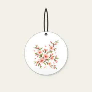 Peach Blossom Branches on Cream Ceramic Ornament in white: Peach blossoms and slender branches in peach, rose and pale green rest on a glossy cream ground.