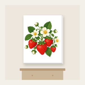 Strawberry Cluster with Blossoms Canvas Print in white: A cluster of ripe strawberries with white blossoms and tiny leaves in red, green and cream.