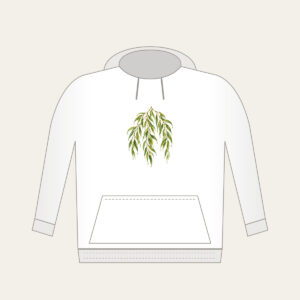 Weeping Willow Branches with Dewdrops Hoodie in white: Weeping willow branches in green and gold carry tiny dewdrops and small leaf pendants.