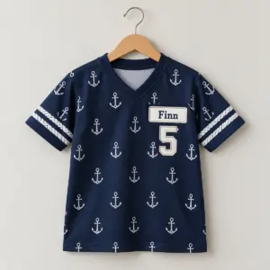 Child's navy V-neck jersey with anchor art and a name patch reading Finn