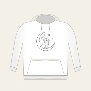 Line-Art Rabbit on a Crescent Moon Hoodie in white: A white line-art rabbit sitting on a crescent moon with three stars.