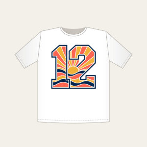 Sunrise Bands Number 12 T-Shirt in white: Sunrise bands in coral, gold and navy with the number “12” and no other text.