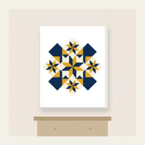 Mustard and Navy Patchwork of Stars Canvas Print in white: A patchwork of stars and diamonds in navy, mustard and cream.