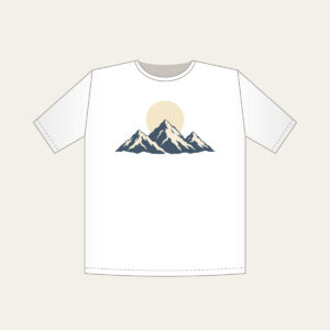 Moonrise over Three Peaks T-Shirt in white: A round moon rises over three mountain peaks in cream and slate.