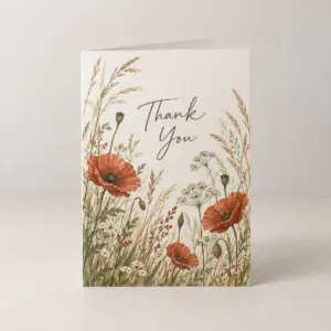 Wild Thank You Packaging Kit with a botanical thank-you card with wild grasses and poppies in rust, sage and cream and the exact text "Thank You"