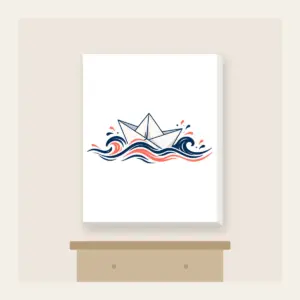 Folded Paper Boat on Navy Waves Canvas Print in white: A folded paper boat on fine-lined waves in navy and coral.