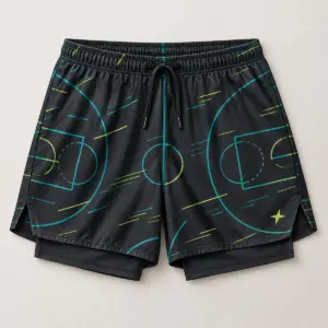 Courtside Lines All-Over Gym Shorts with all-over court lines and small speed dashes in teal and lime on charcoal with a small star near the hem