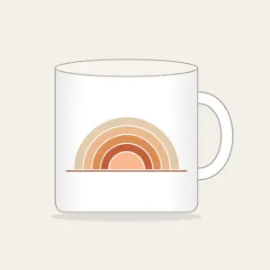 Stepped Arc Sunrise Over the Horizon Mug in white: A rising sun built from five stepped arcs in apricot, rust and sand above one thin horizon line.