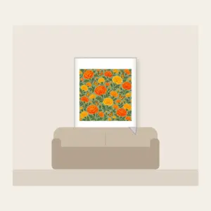 Marigolds and Butterflies on Sage Fleece Blanket in white: An all-over repeat of marigolds and small butterflies in orange and yellow on a sage ground.
