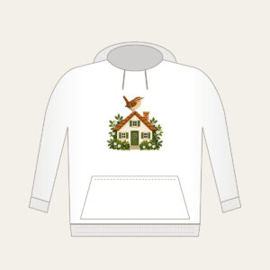 Wren on the Rooftop Hoodie in white: A small house with a wren on its roof in warm brown, cream and green.