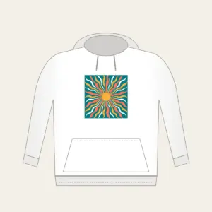 Sunrise Lines in Coral and Gold on Teal Hoodie in white: All-over sunrise lines in coral, gold and white on a teal ground.
