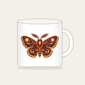 Glowing Amber Moth Mug in white: A large moth with intricately patterned wings, each marked with a glowing circle in amber and plum.
