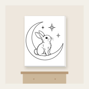 Line-Art Rabbit on a Crescent Moon Canvas Print in white: A white line-art rabbit sitting on a crescent moon with three stars.