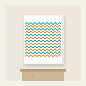 Teal and Orange Zigzag Trail Canvas Print in white: Zigzag trail lines in teal and orange race across a white ground.