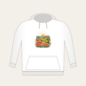 Terraced Hills at Sunrise with Poppies Hoodie in white: Terraced hills under a rising sun with poppies in the foreground in coral, gold and green.