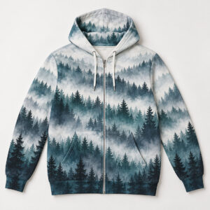 Misty Pines Zip Hoodie with rows of pine silhouettes fading into mist in slate, teal and white
