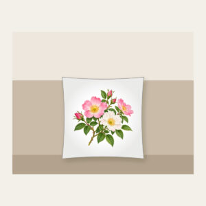 Wild Rose Branch Pillow in white: A branch of wild roses with pink and white blossoms and fresh green leaves.