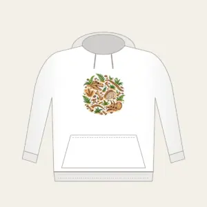 Dinosaur Bones and Fern Dig Scene Hoodie in white: Dinosaur bones and curling ferns lie scattered across warm sand in earthy brown and green.