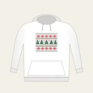 Fair Isle Pines and Stars in Red Hoodie in white: Knit-inspired rows of pines and stars in red, cream and green repeat in tidy bands.