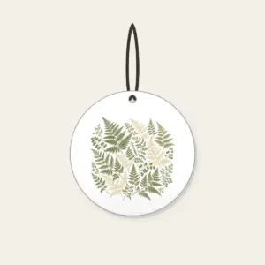 Pressed Ferns with a Gold Line Ceramic Ornament in white: All-over pressed ferns in sage and cream, edged with a fine gold line.