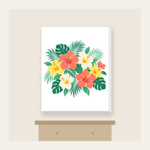 Hibiscus and Palm Sorbet Colors Canvas Print in white: Hibiscus and palm leaves in coral, mint and lemon scattered over cream.