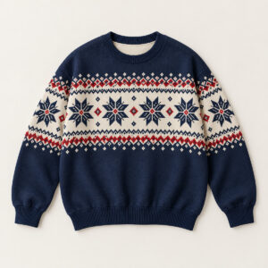 Snowflake Fair Isle Sweater with a Fair Isle-style band of snowflakes and small diamonds in navy, cream and red across the chest